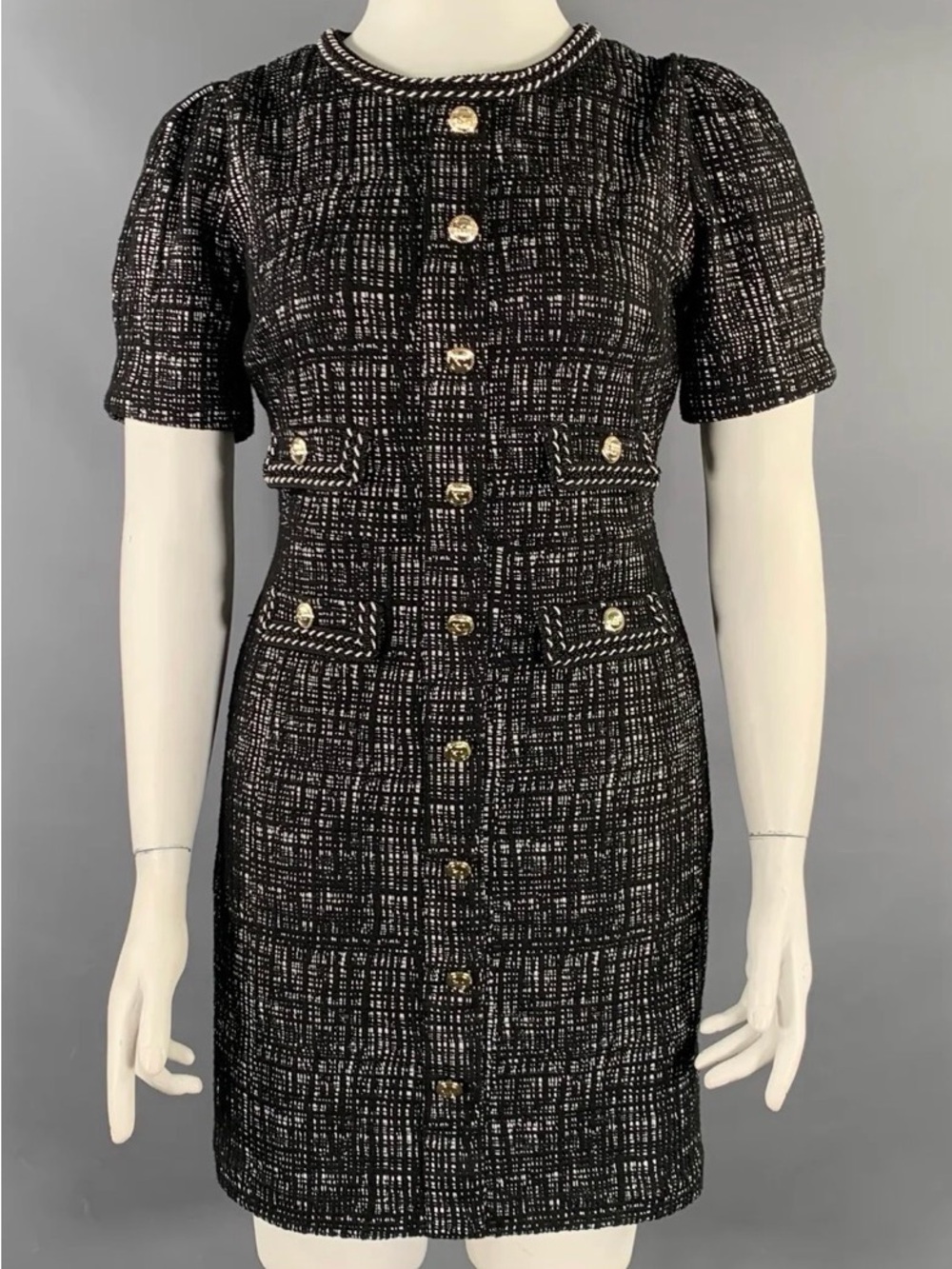 Karl Lagerfeld Black & White Tweed Midi Dress with Gold Buttons